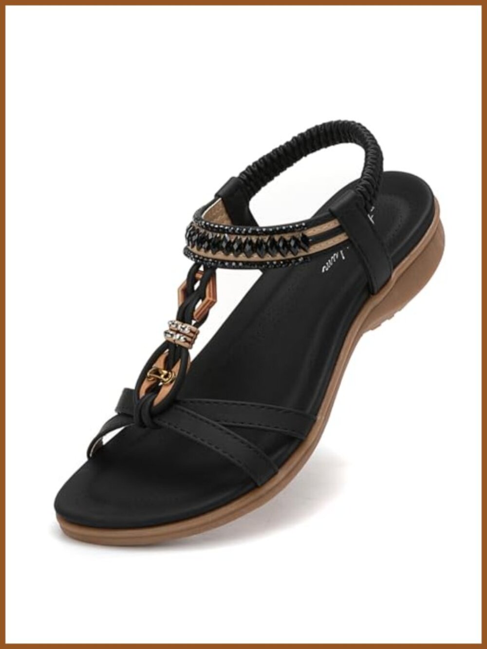 PU Leather T-Strap Flat Sandals Arch Support Elastic Ankle Casual Beach Walking